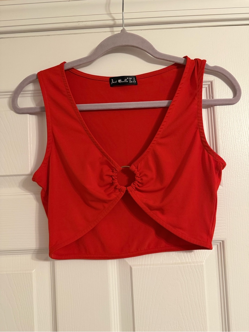 Red Ring-Front Crop Top by Jane Qualia